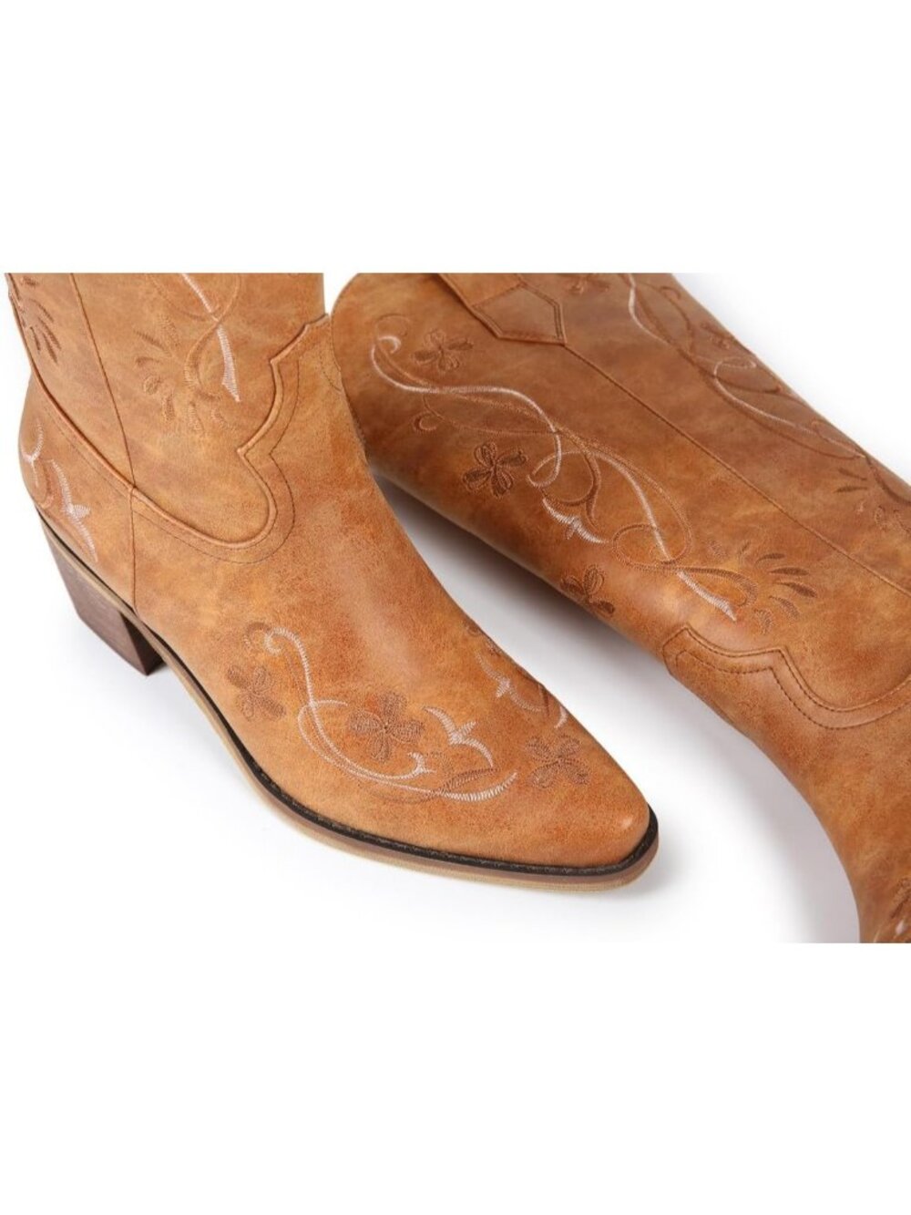 Women's Brown Faux Leather Mid Calf Cowgirl Boots Floral Chunky Heels